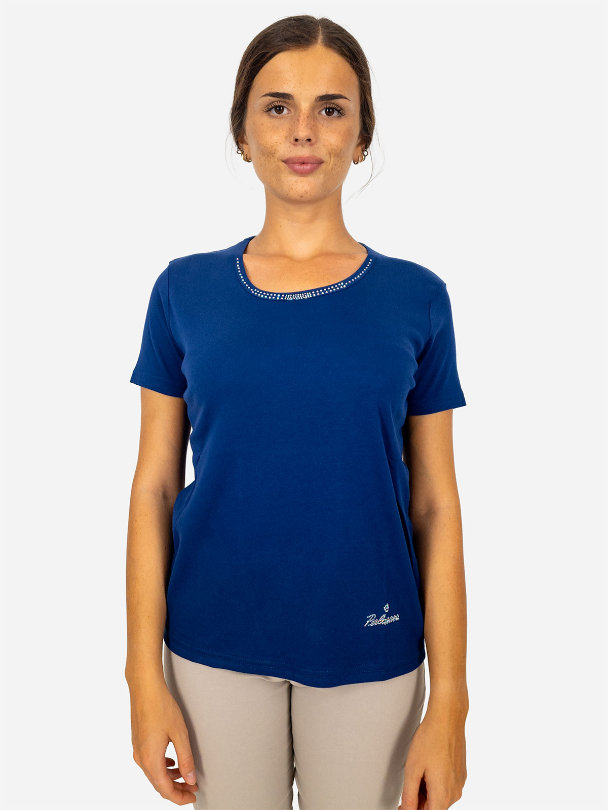 Women's round neck t-shirt with rhinestones in Italian cotton