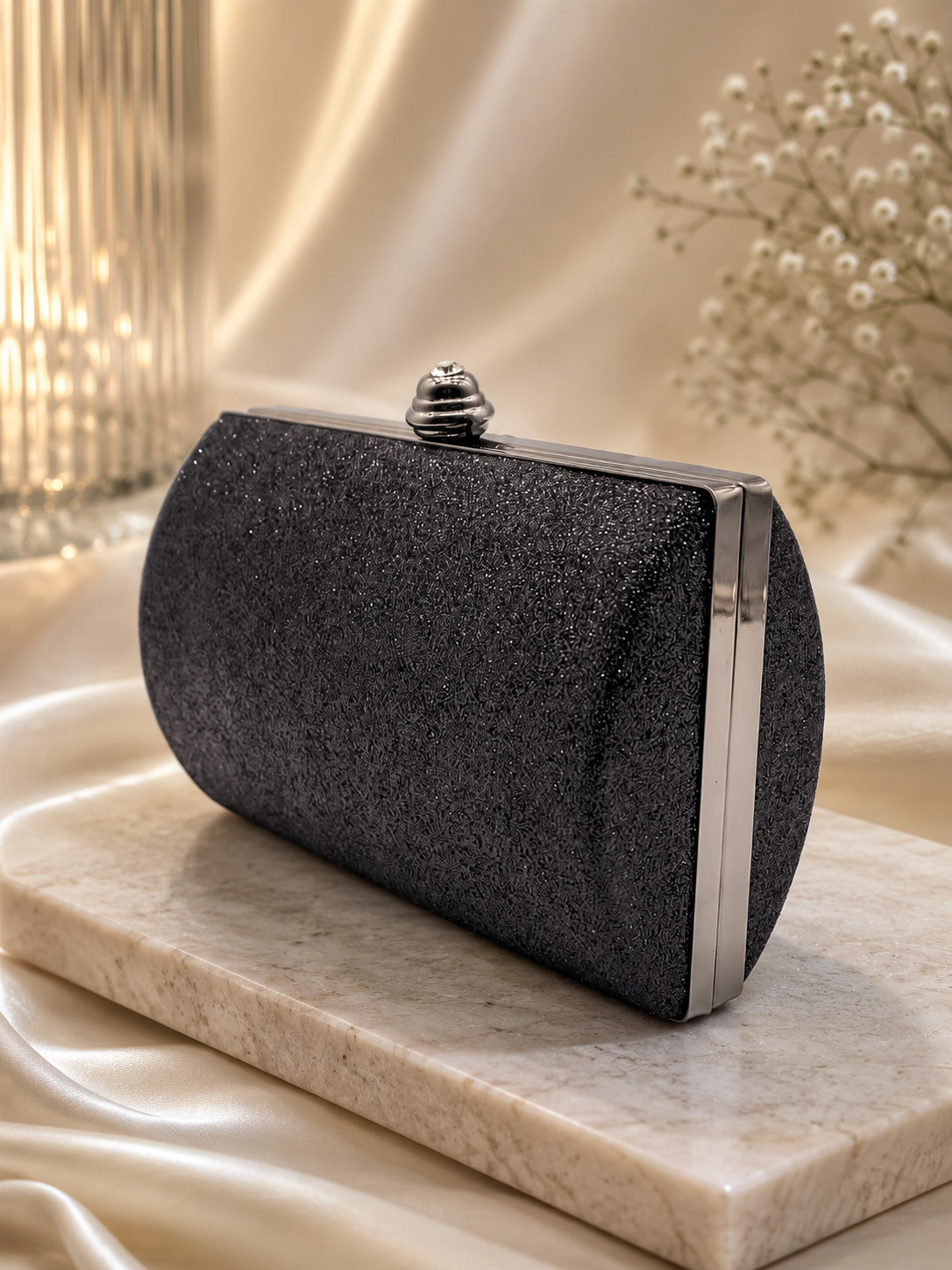 Rigid Black Glitter Clutch with Removable Chain