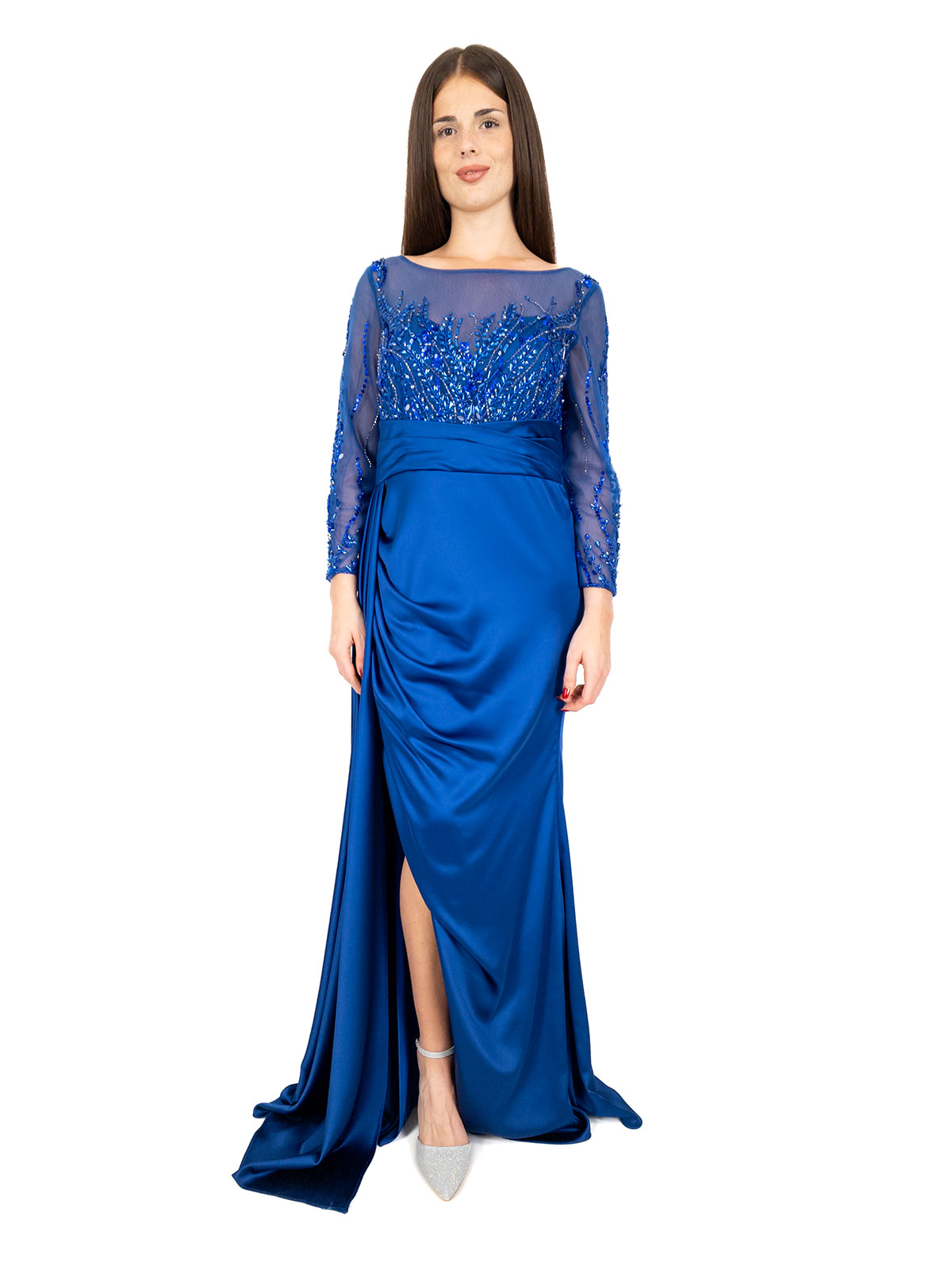 Vestito Cerimonia Elegante Lungo in raso con Paillettes e Spacco