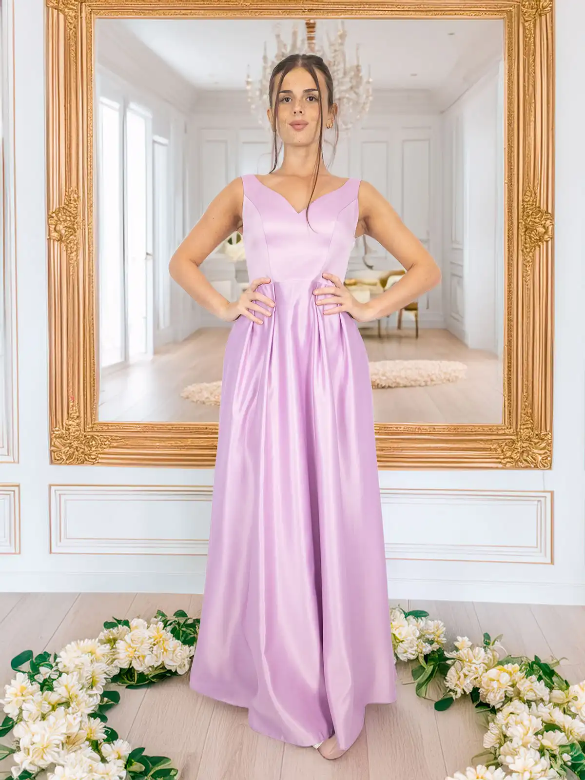 Abito lungo da cerimonia in raso con tasche e stola