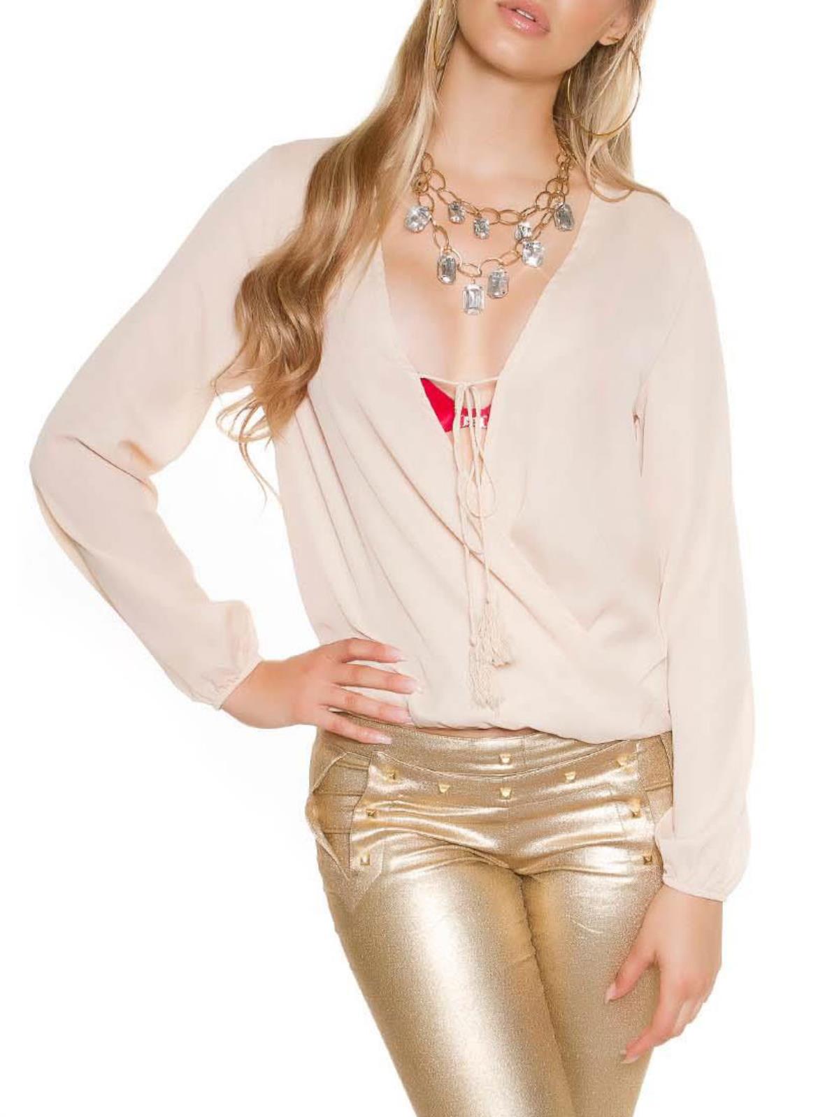 KOUCLA Camicetta Elegante Maniche Lunghe Scollo a V con Laccio 0000T9418