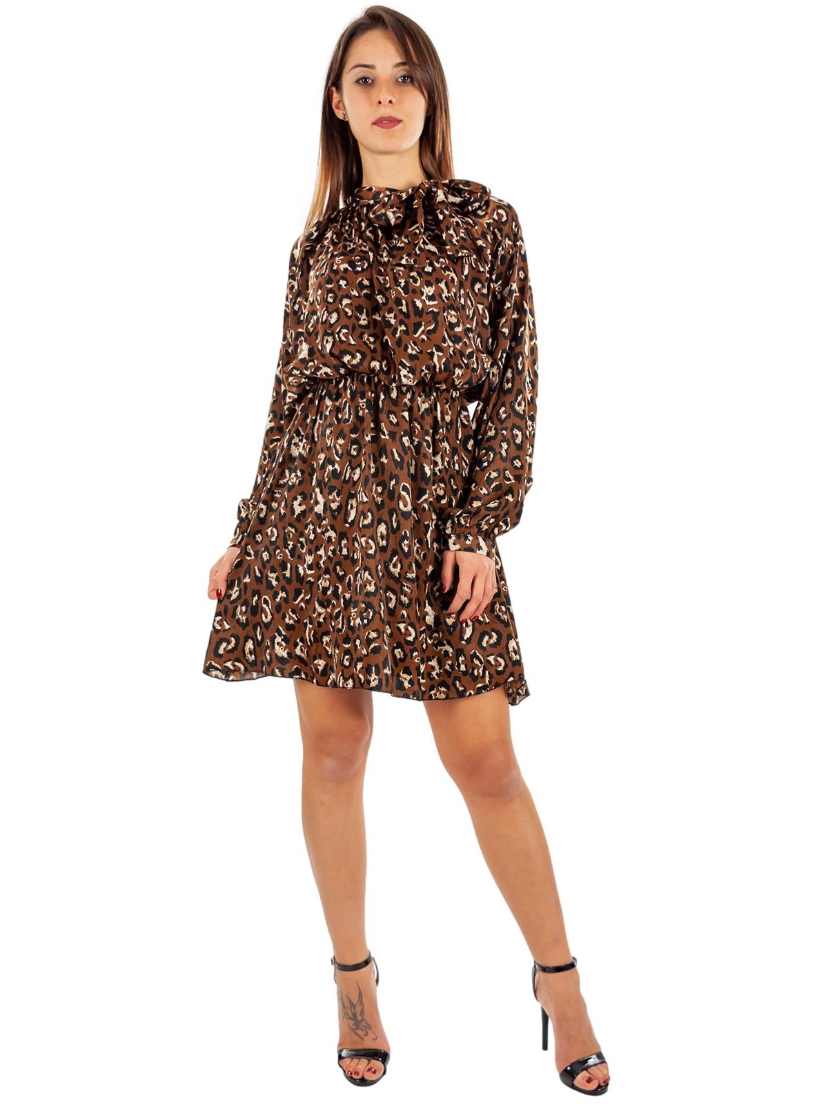 Vestito maniche lunghe con fiocco al collo svasato animalier