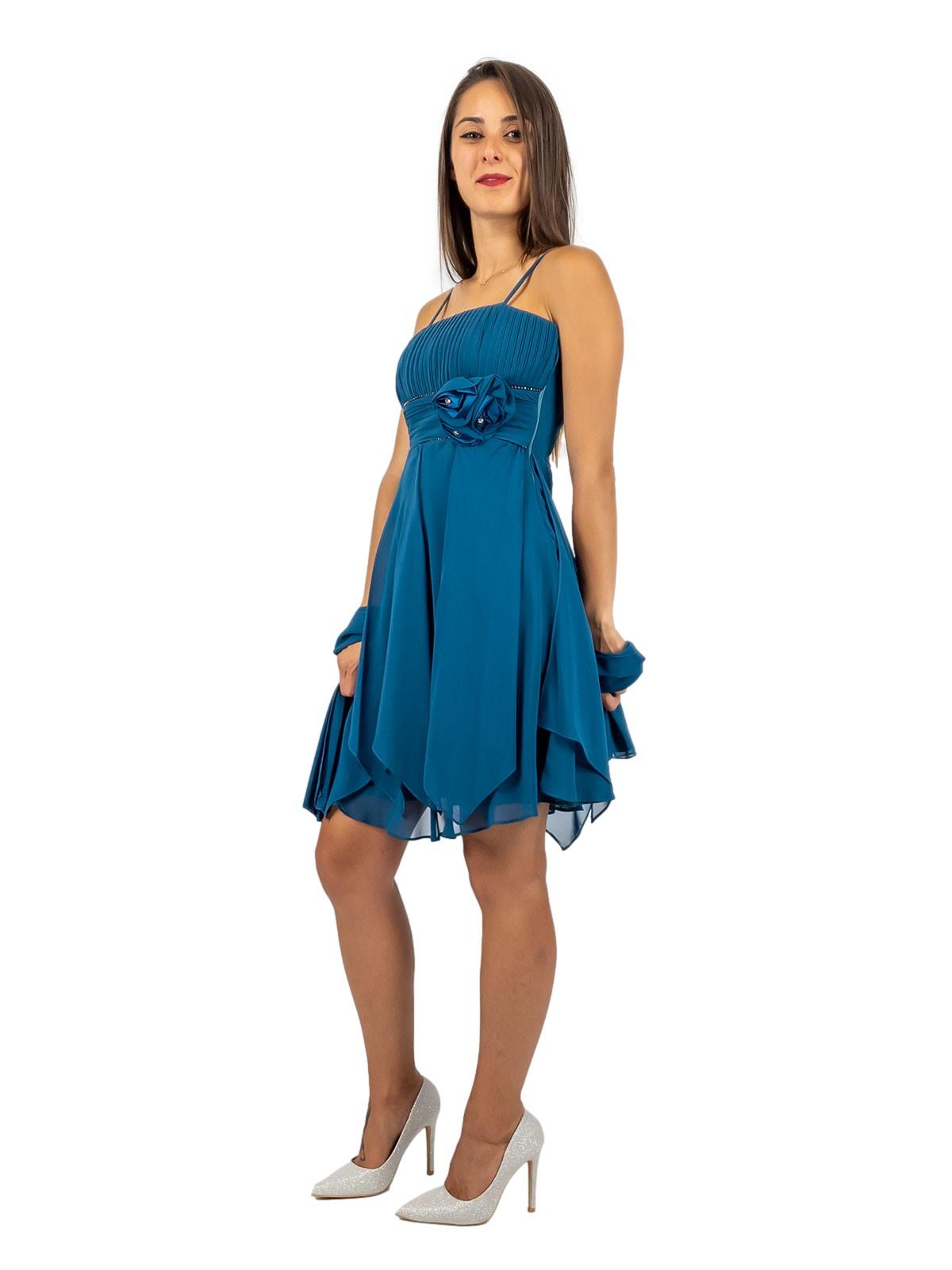 Abito da Cerimonia Corto Donna Elegante con Strass e Stola