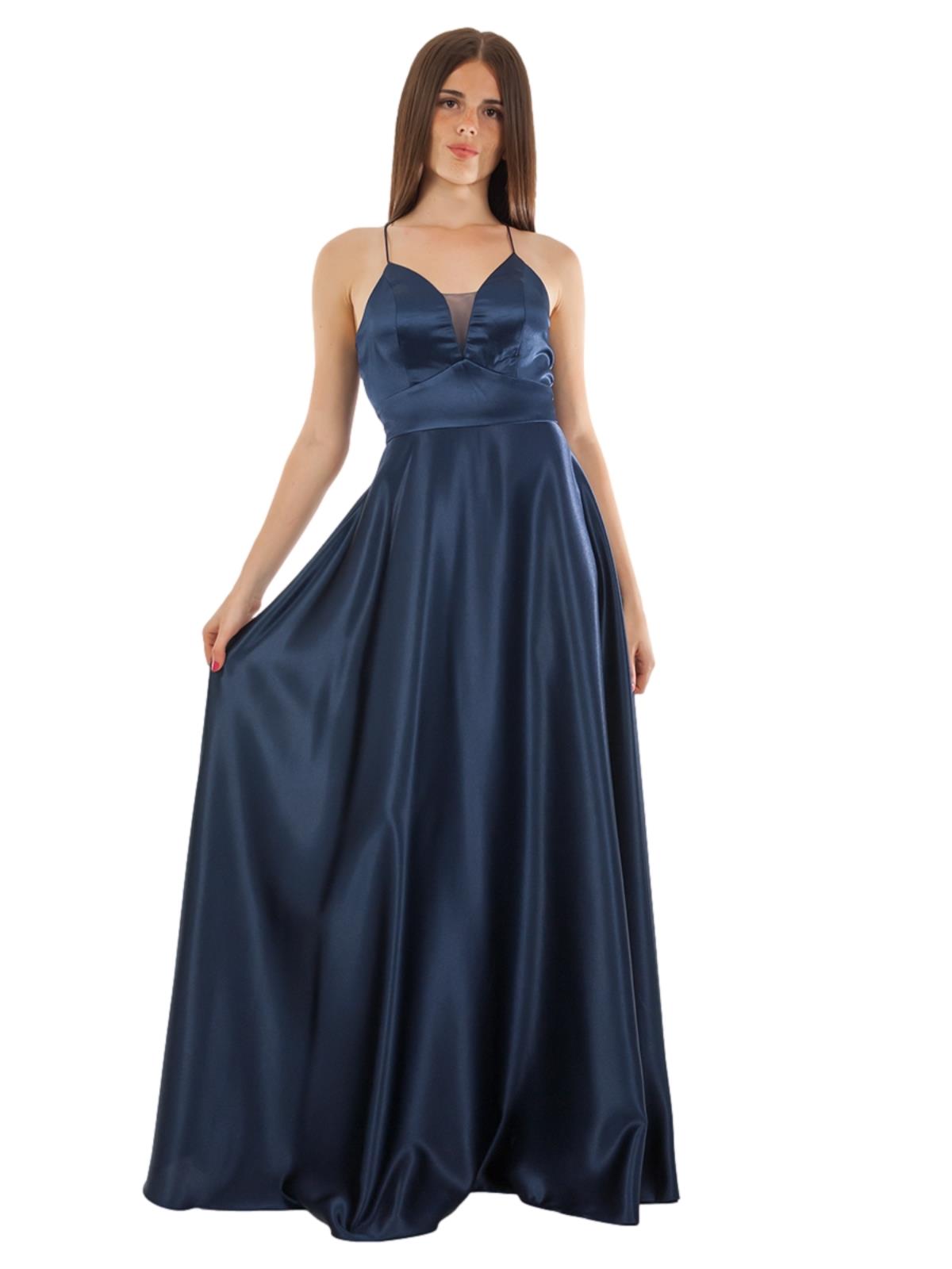 STRABELLO CERIMONIA Abito lungo elegante in raso con scollo a V e spalline incrociate A29499-3953-CINZIA