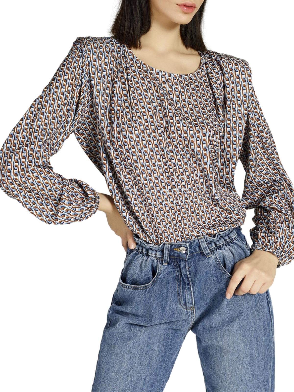 Camicetta Elegante Blusa Donna Fantasia Geometrica Manica Lunga