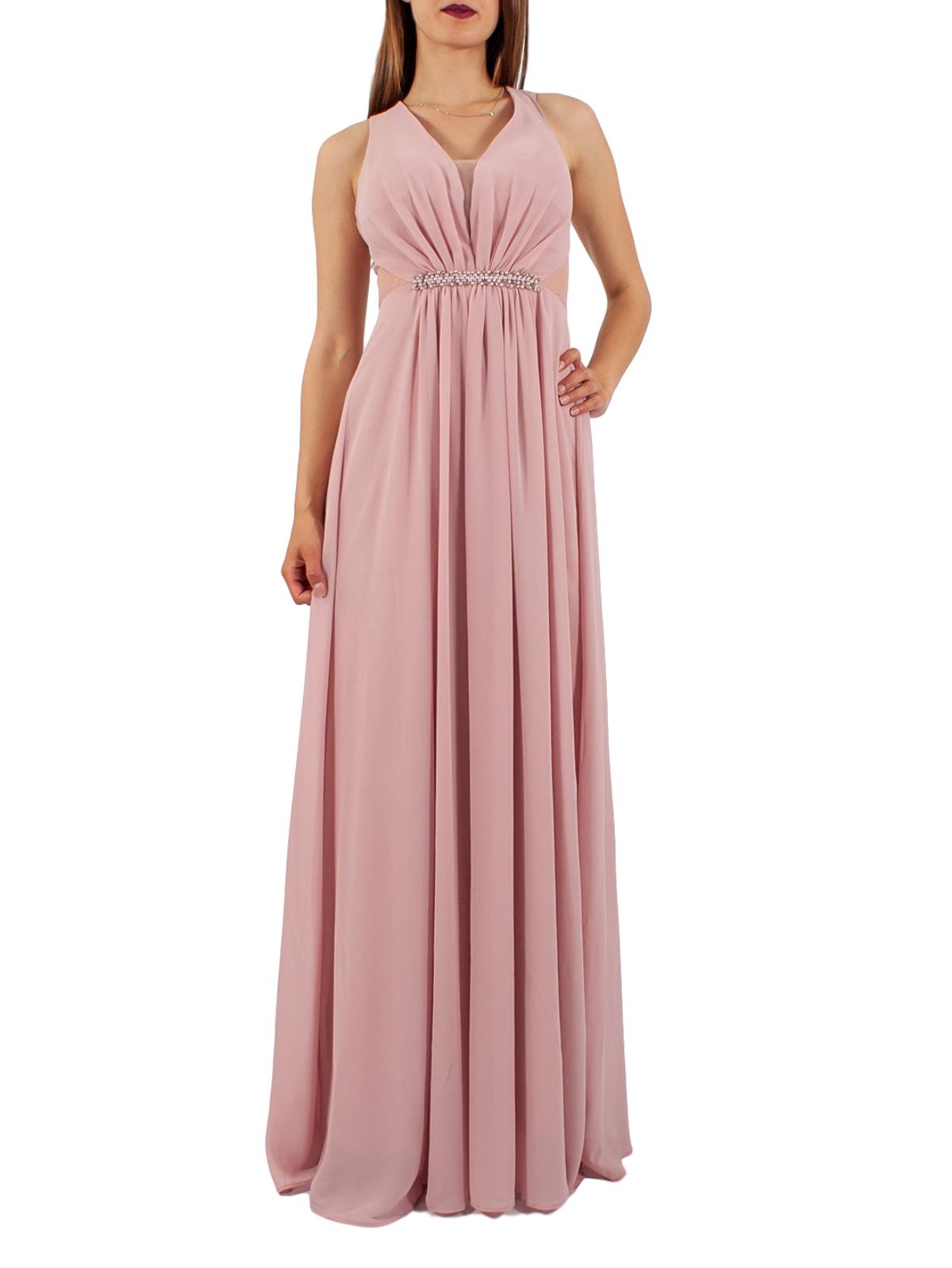 Abito lungo da cerimonia elegante con scollo a V, strass e schiena