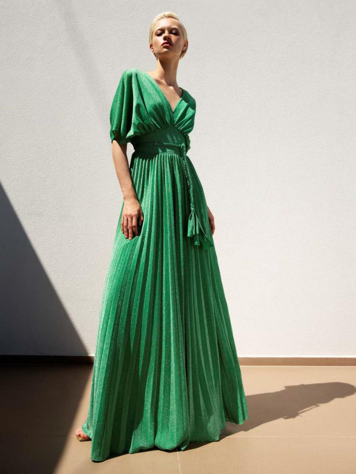 Abito lungo da cerimonia donna stile impero plissettato glitterato