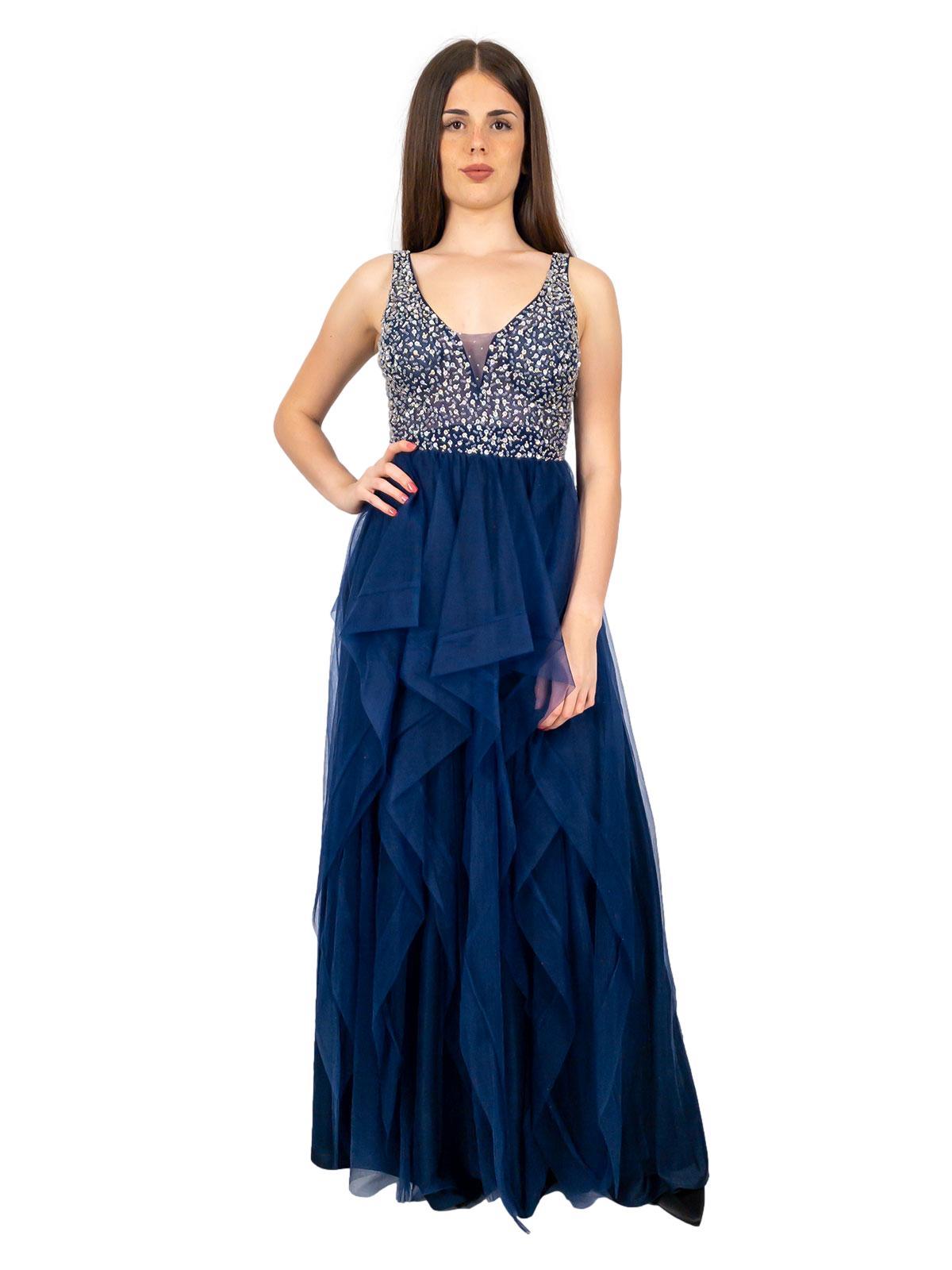 Abito da cerimonia lungo in tulle asimmetrico corpetto con strass