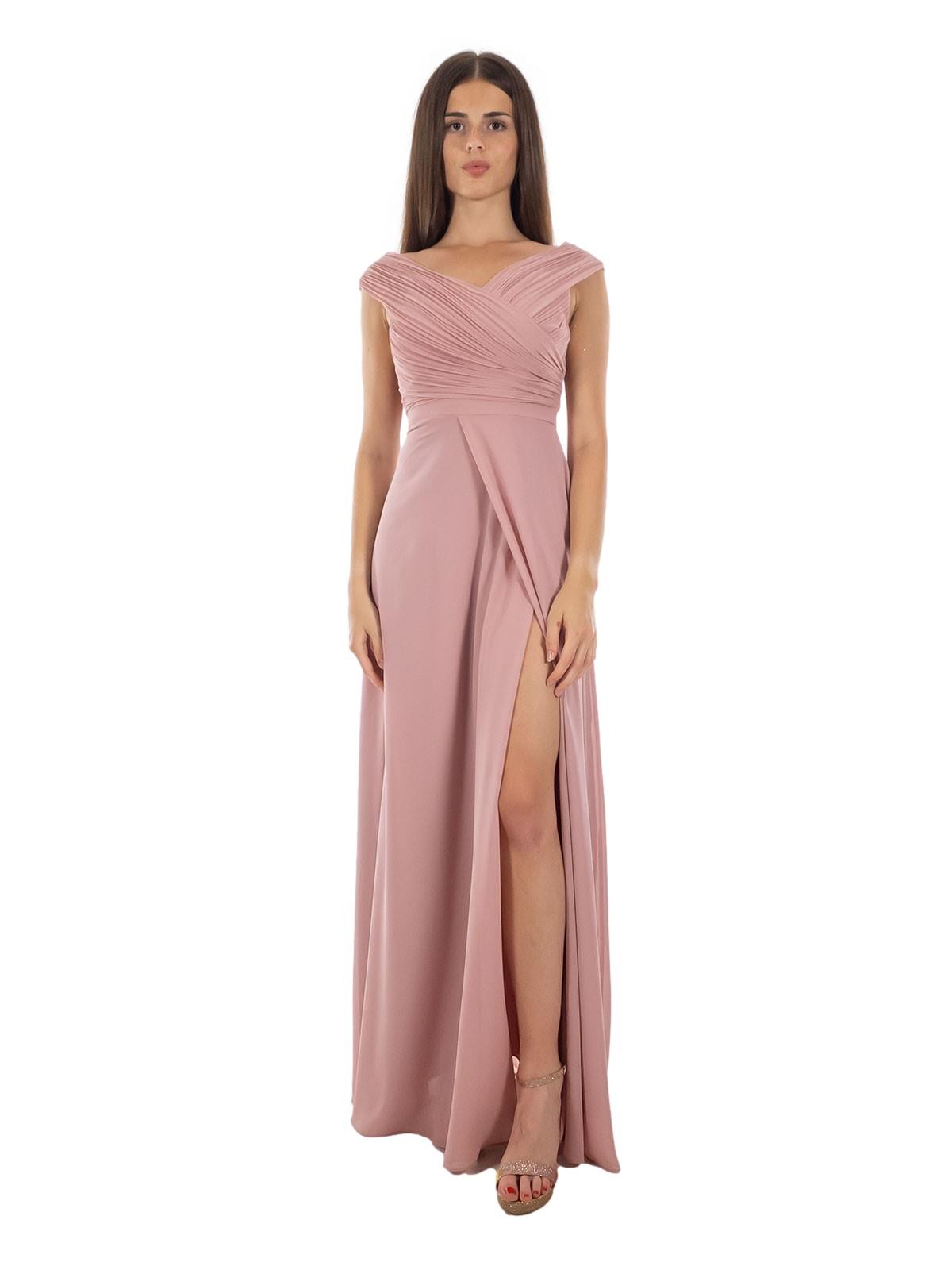 Abito Cerimonia Lungo Slim Fit con Spacco e Corpetto Plissettato