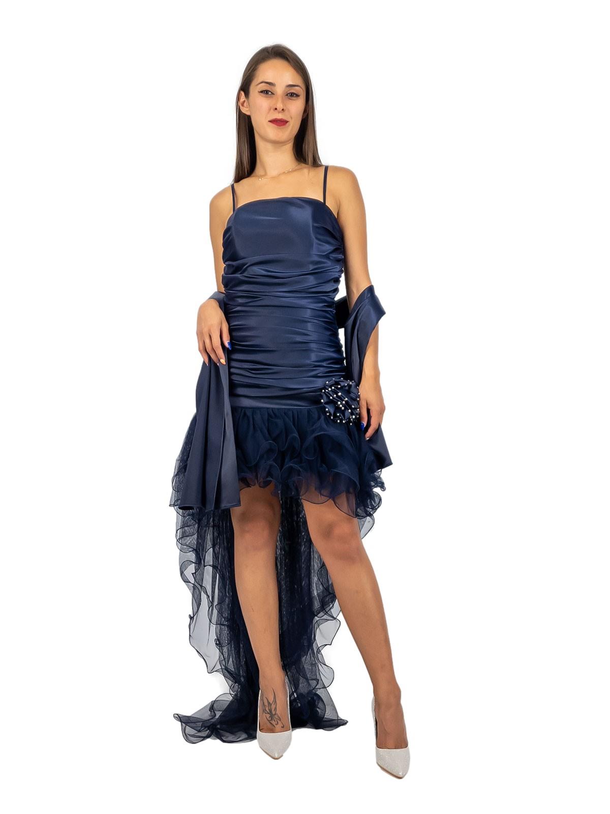 Abito Elegante da Cerimonia Corto in Raso con Coda in Tulle e