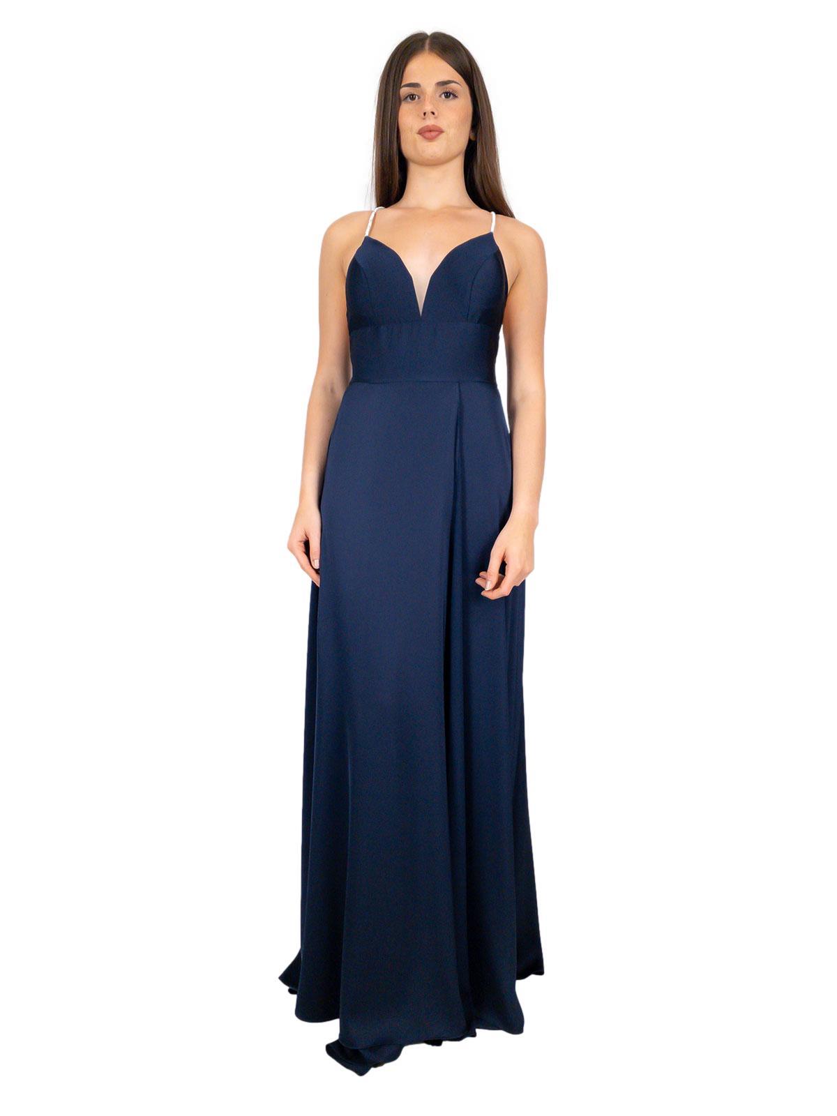 Abito Lungo Cerimonia Vestito Elegante con Spalline Strass e Spacco