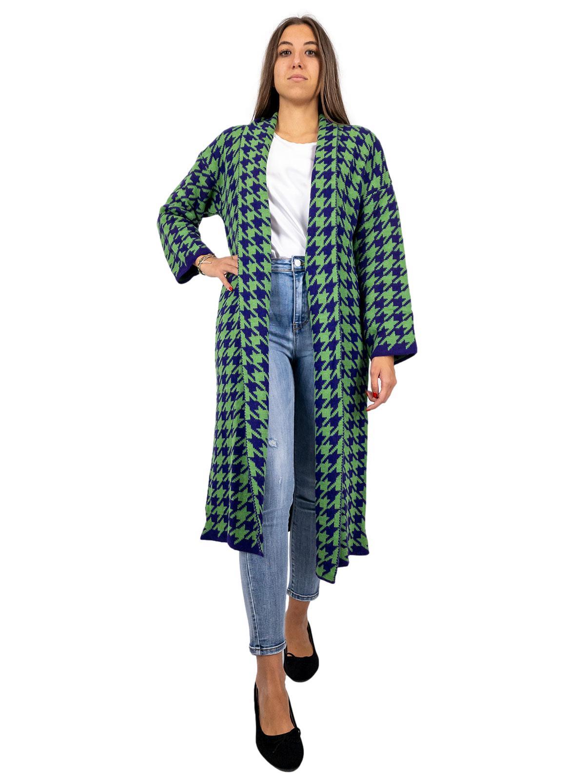 BLUE JOINT Cardigan Lungo Donna Maxi Invernale Aperto Pied De Poule