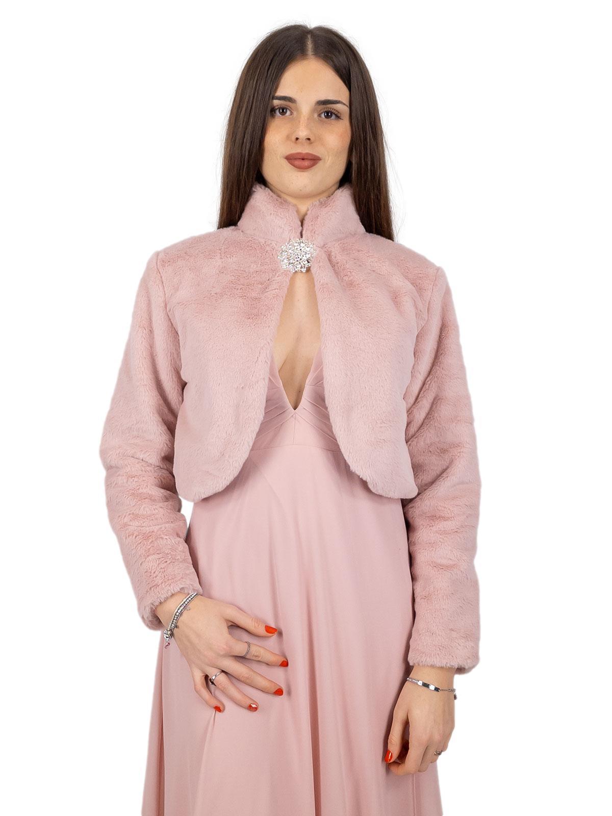 Elegant short faux fur jacket with decorative brooch