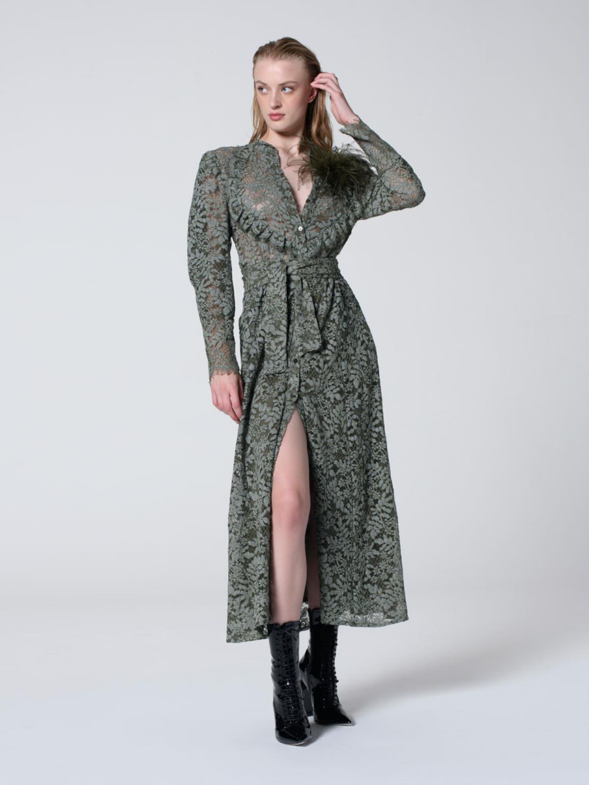 Vestito chemisier in pizzo macramè midi a manica lunga