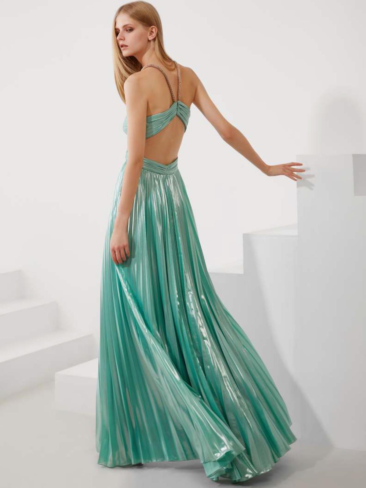 Abito Lungo Stile Impero Donna Plissettato Scollo Americana