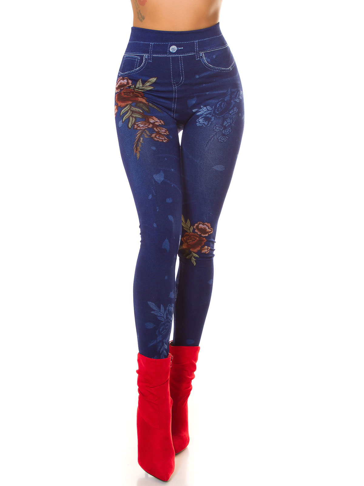 Leggings donna effetto jeans con stampa floreale