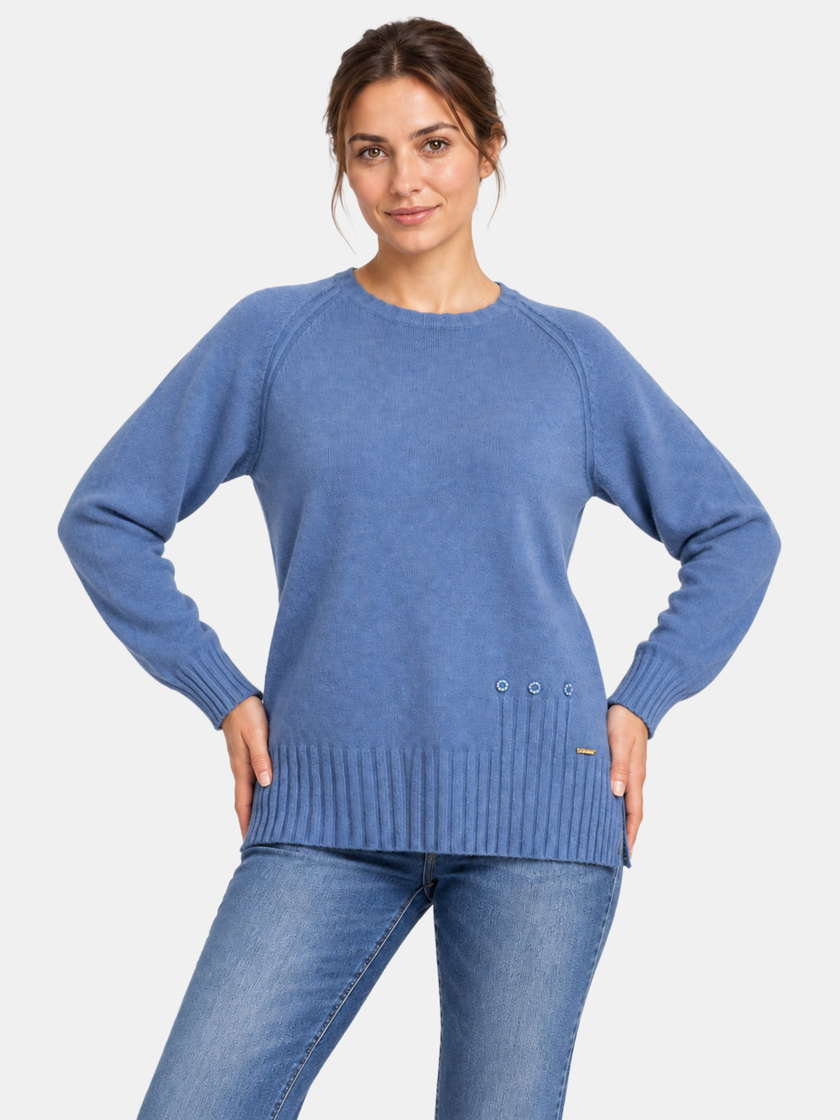 Viscose Blend Crew Neck Sweater with Decorative Buttons