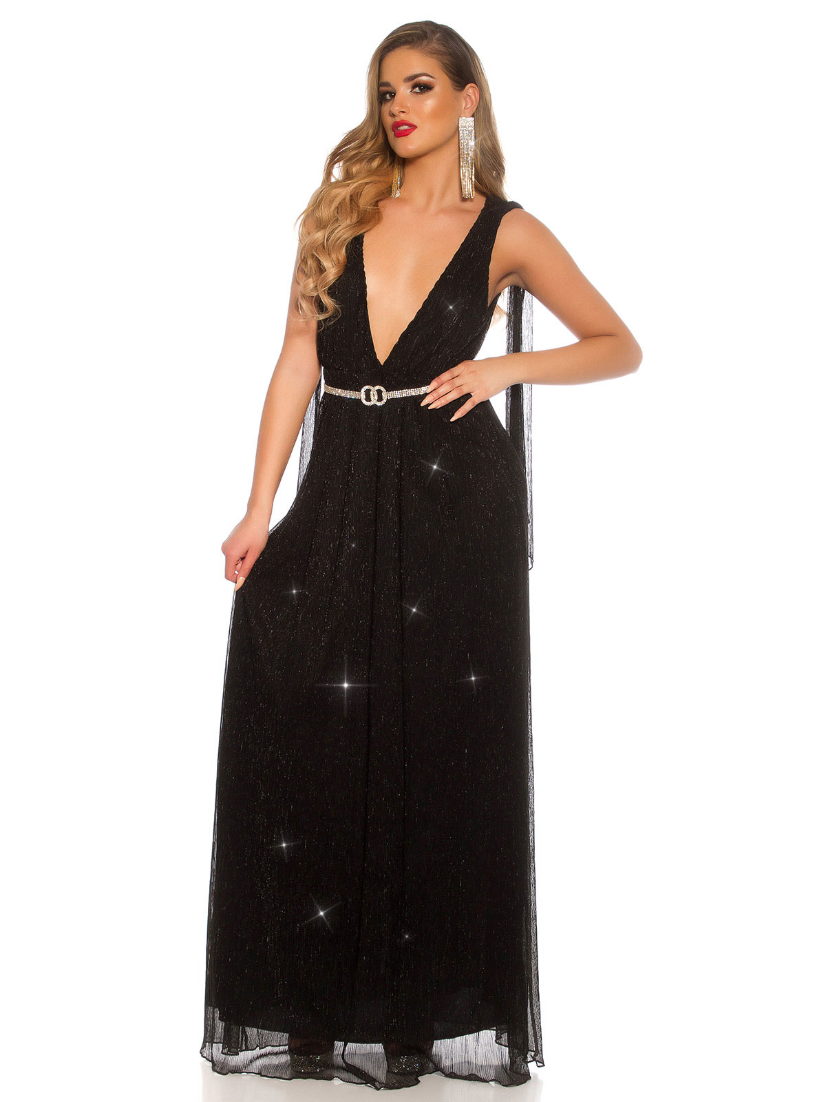 Abito lungo glitterato con scollatura profonda