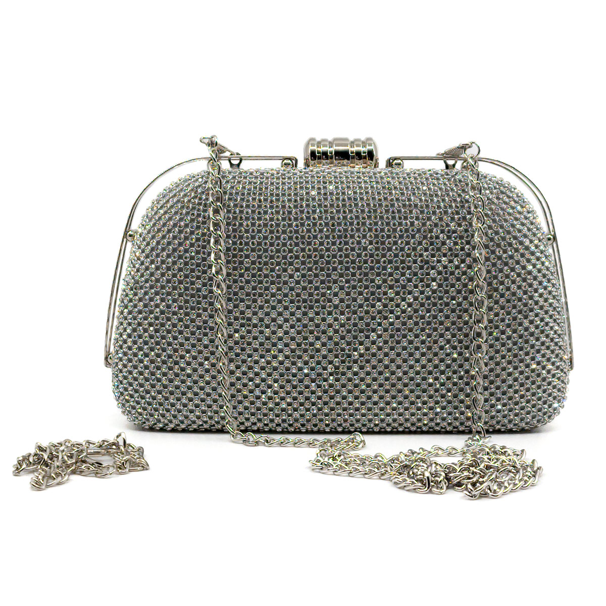 Pochette Argento Da Cerimonia Con Strass Rigida A Mano O Tracolla