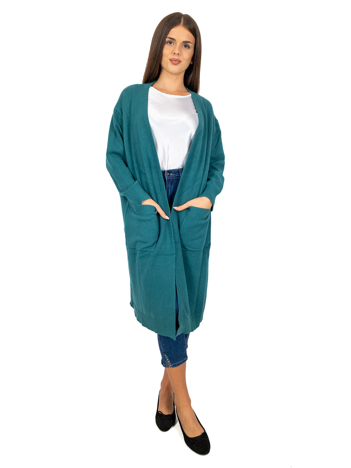 Cardigan lungo donna taglie comode invernale con tasche aperto