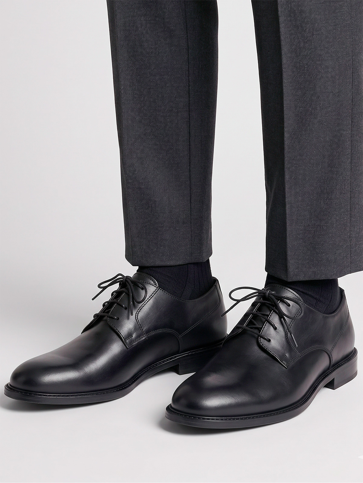 Men's Black Leather Derby Shoes with Leather Sole