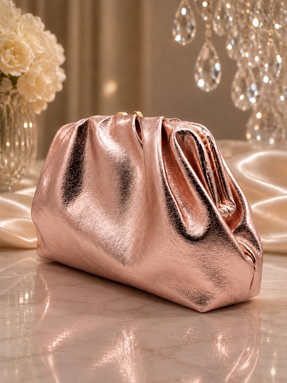 Shiny Champagne Evening Clutch Bag with Chain Strap