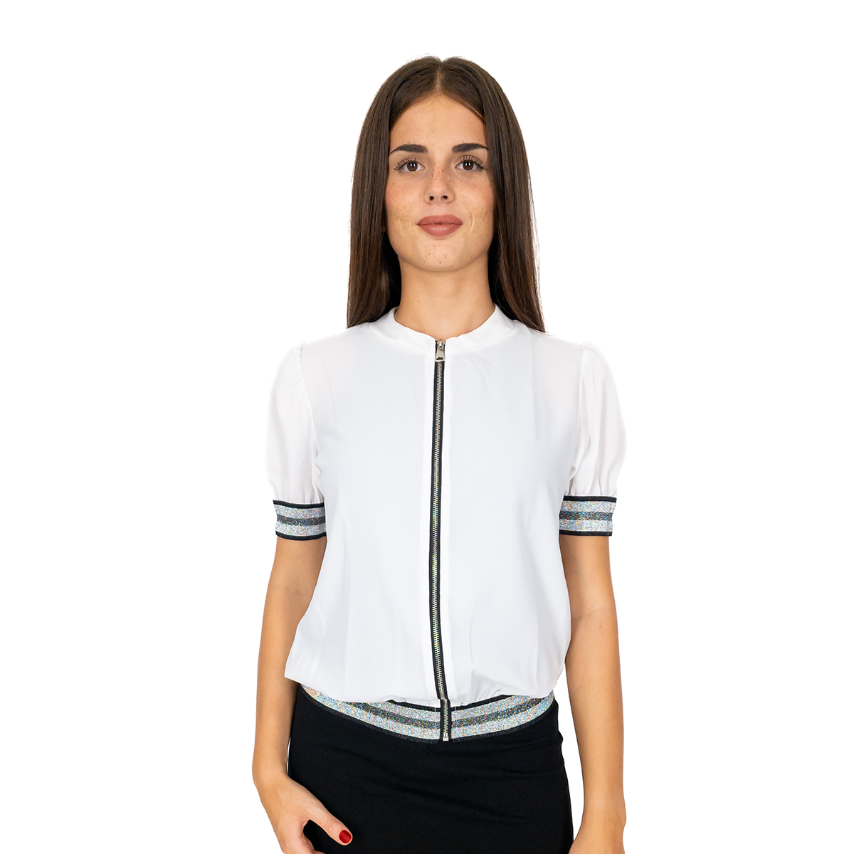 CARMEN Blusa Donna Elegante in Georgette Maniche Corte a Sbuffo