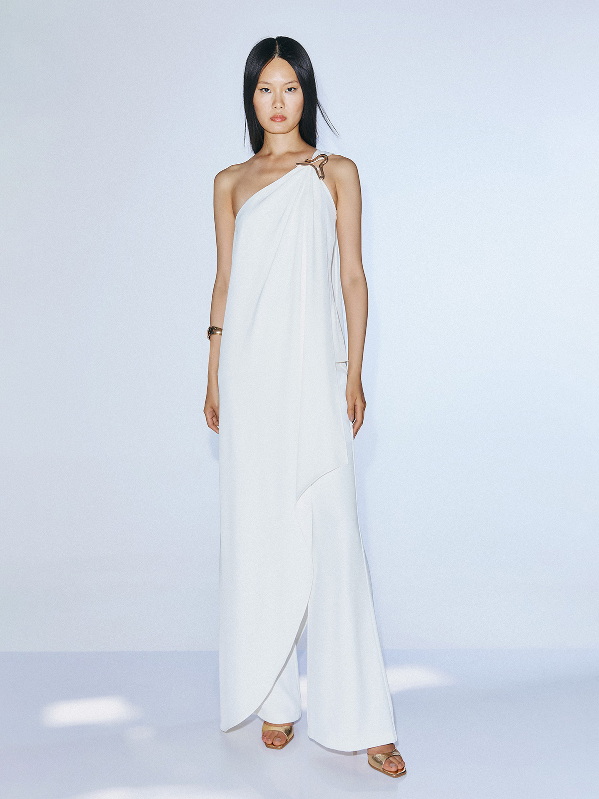 Completo Sposa Bianco Monospalla con Pantalone Flare in Cady