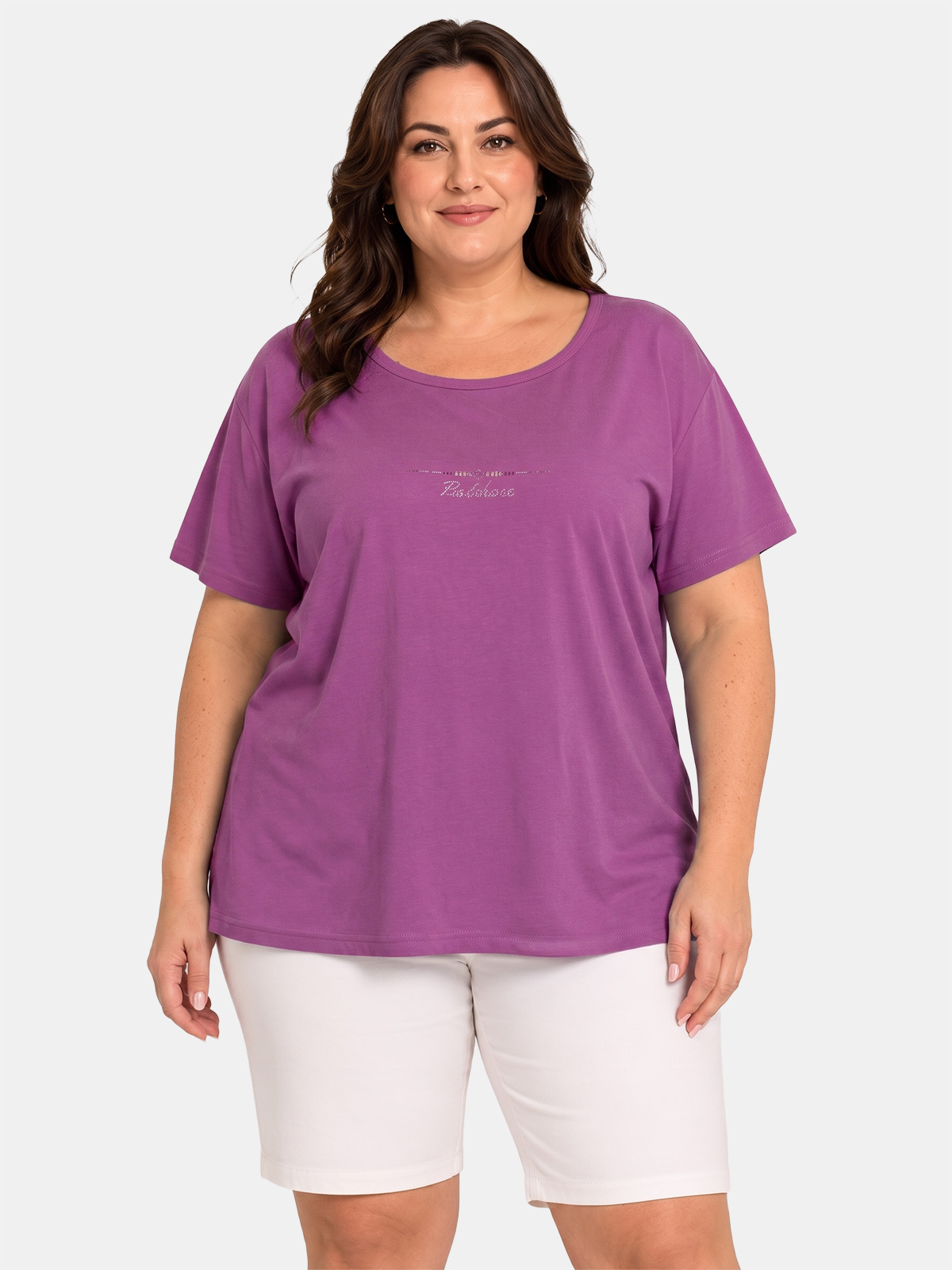 Curvy Cotton T-Shirt with Rhinestones Made in Italy