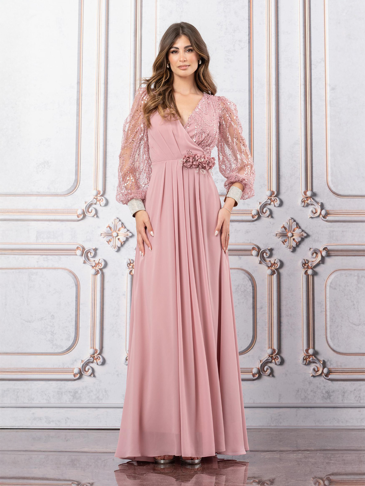 Long Ceremony Dress with Cross-Over V-Neckline
