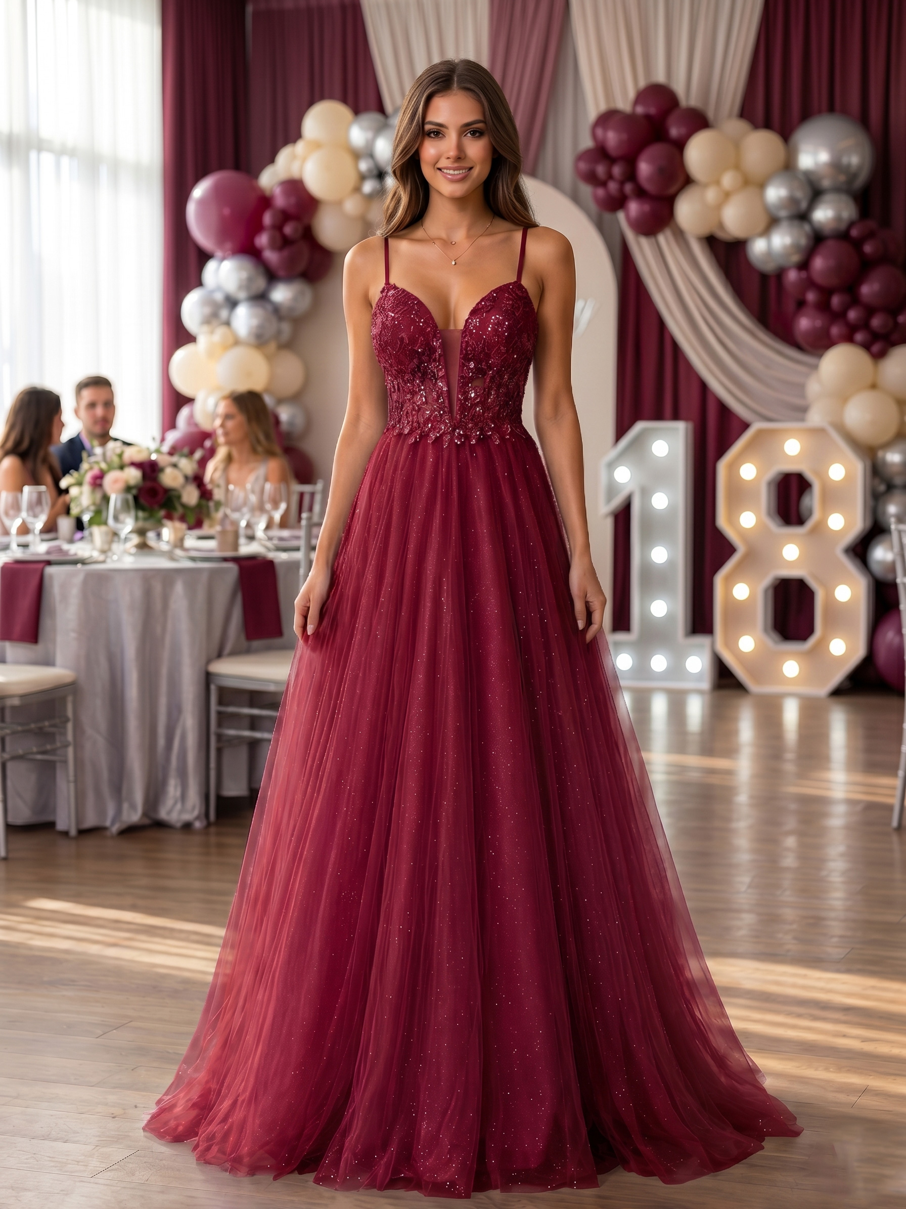 Abito Lungo da Principessa in Tulle Glitterato con Spacco
