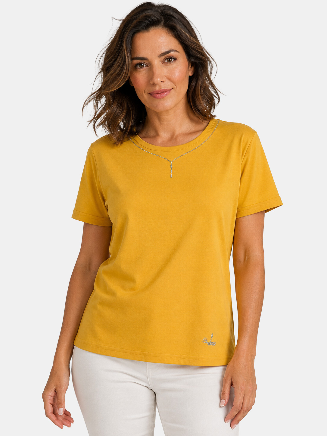Women's Cotton Crew Neck T-shirt with Rhinestones – Casual Style