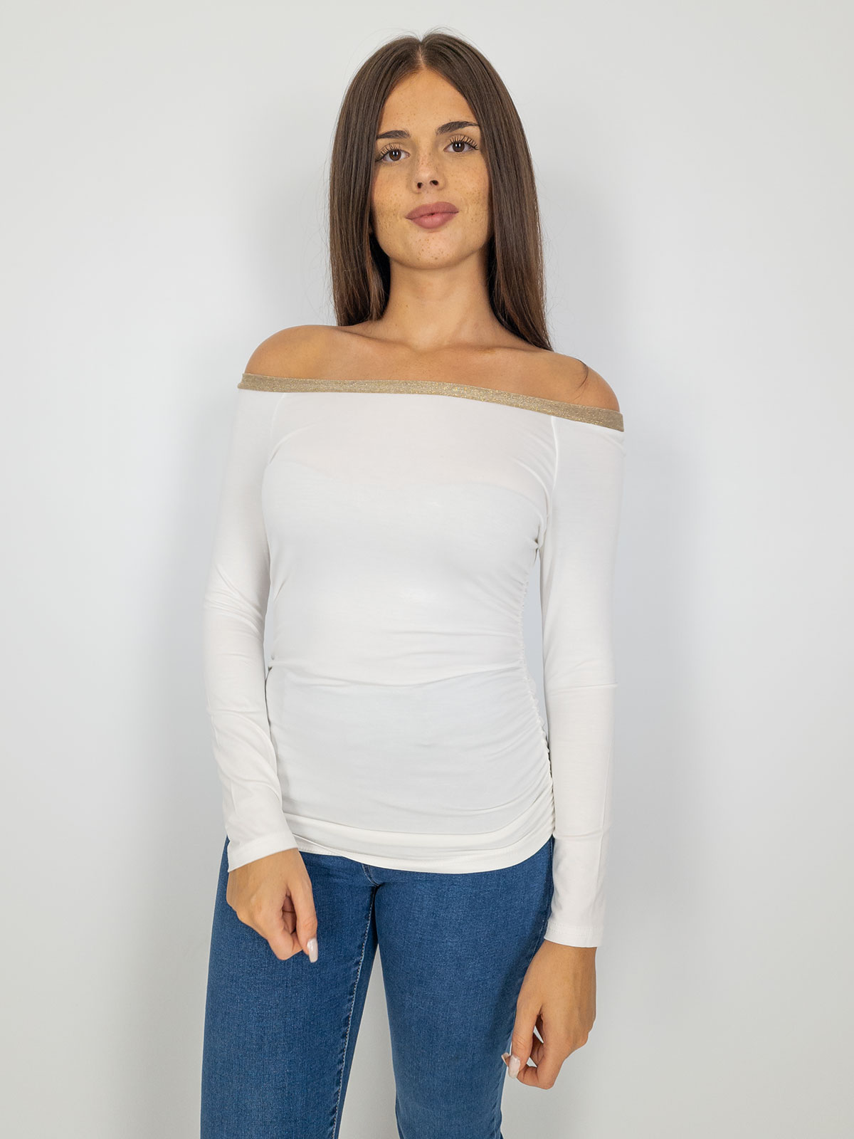 Maglia Scollo A Barchetta Lunga Donna Spalle Scoperte Aderente