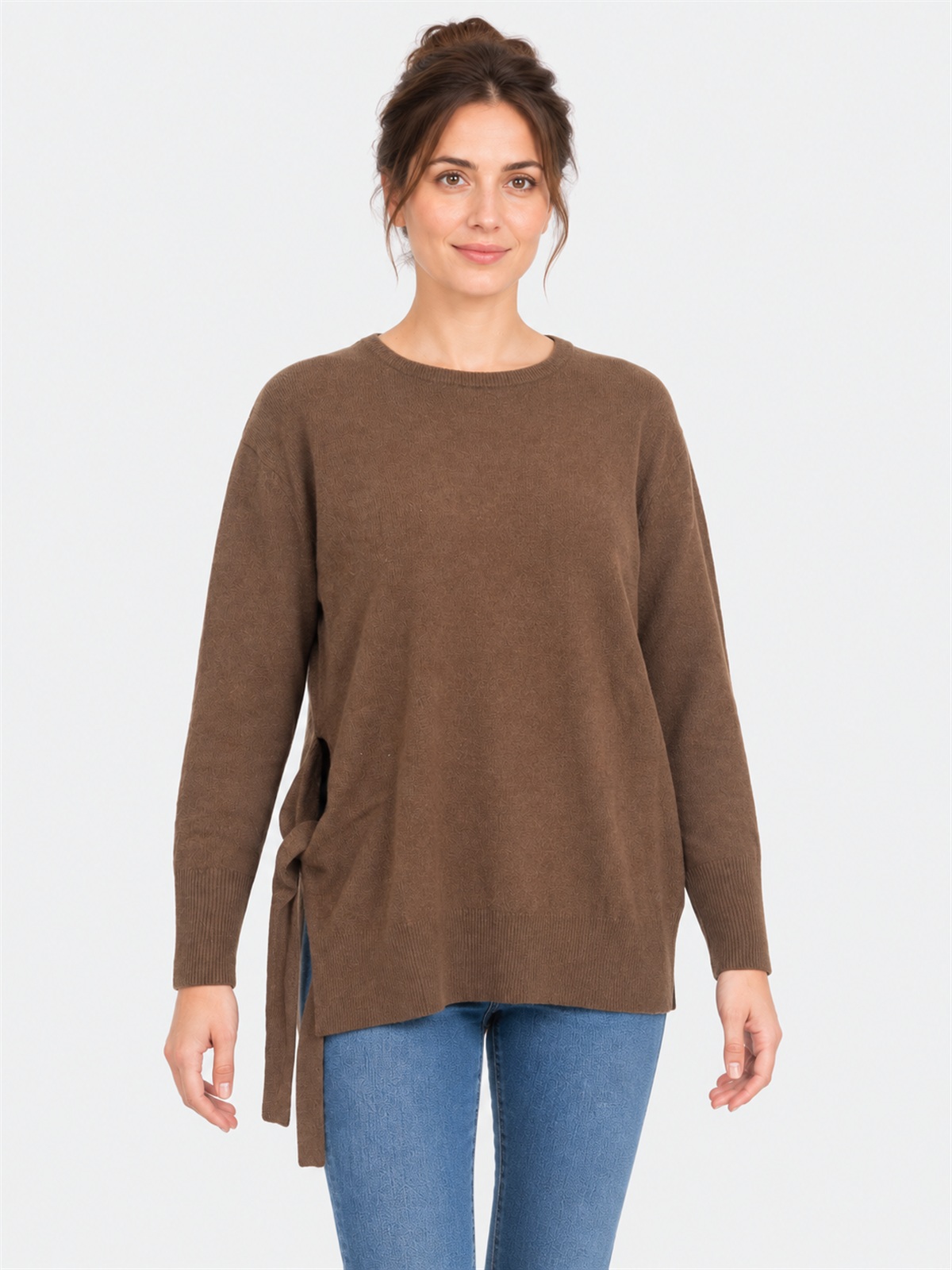 Wool Blend Sweater with Side Knot and Asymmetric Line