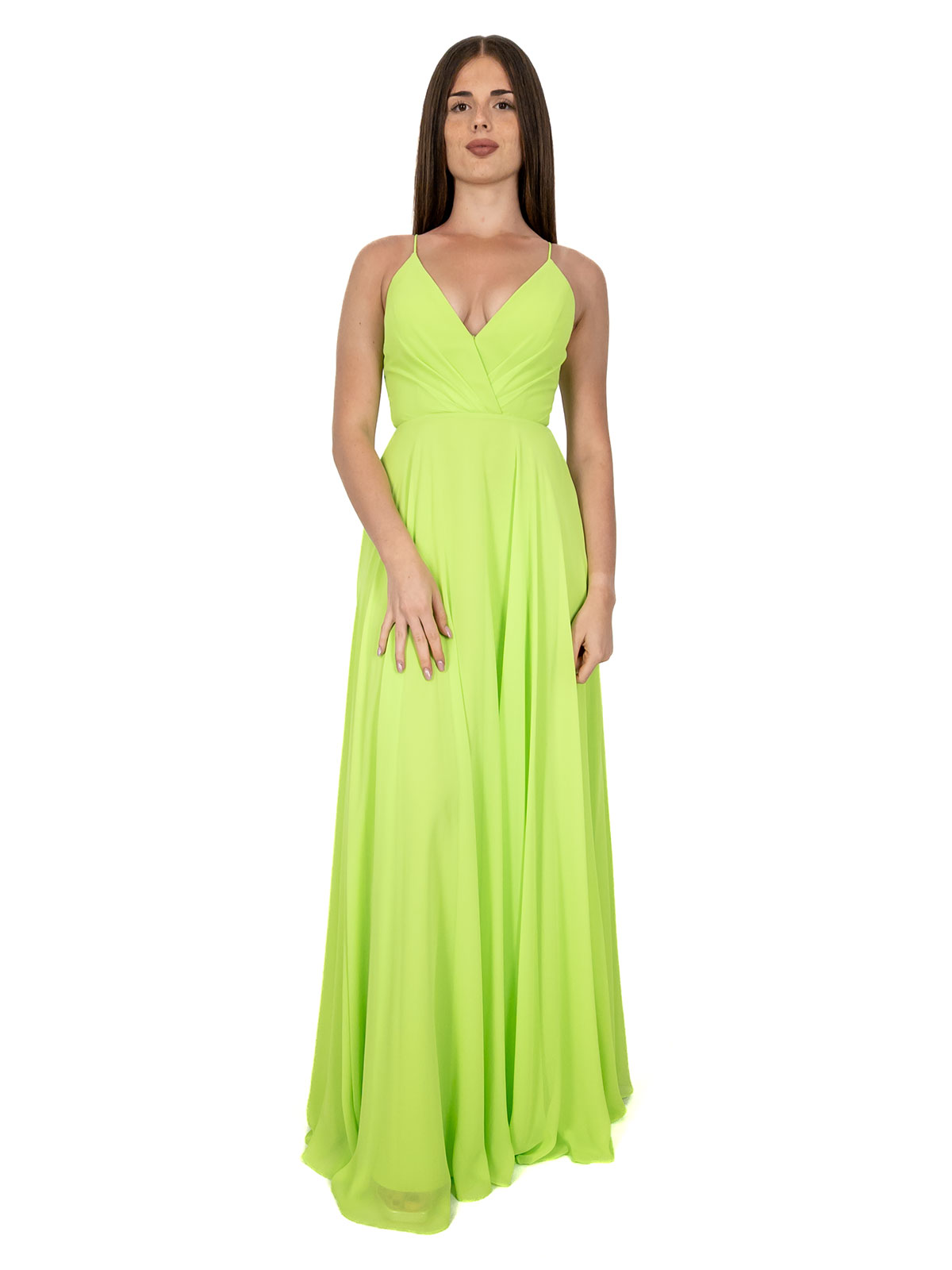 Abito lungo cerimonia elegante stile impero con scollo a V
