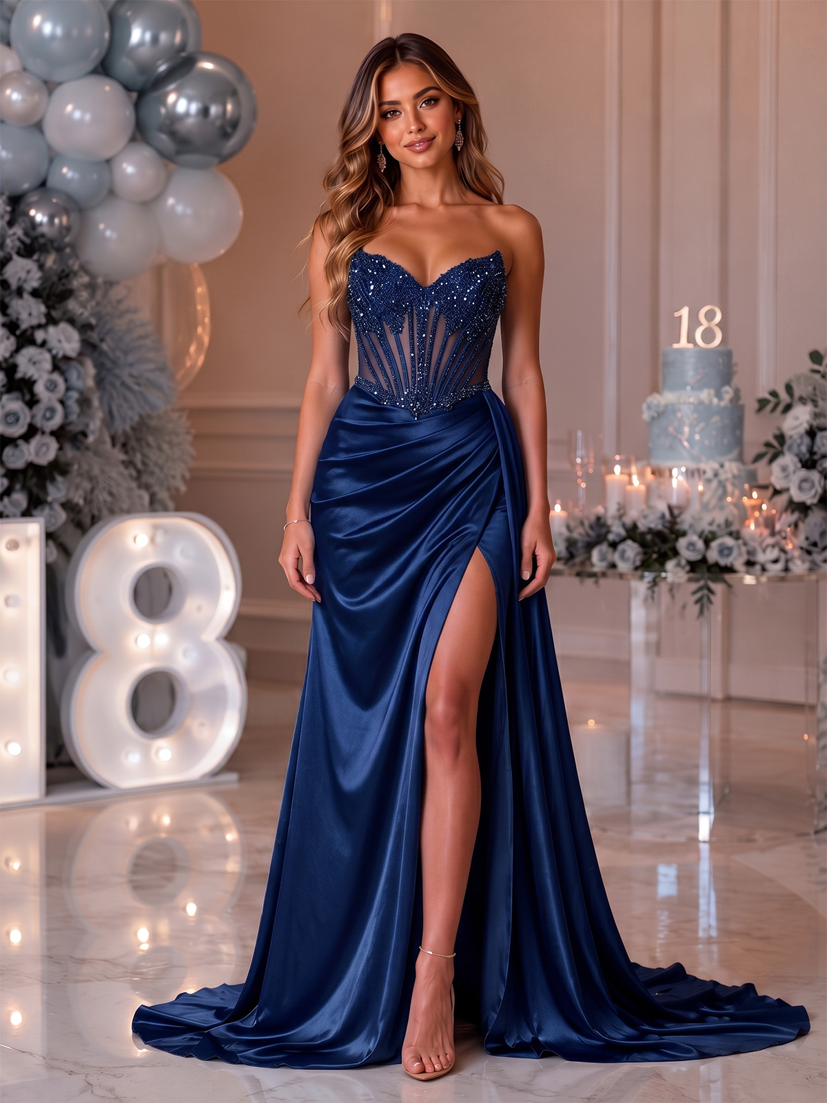 Abito Lungo a Sirena con Strass e Spacco per 18esimo Compleanno