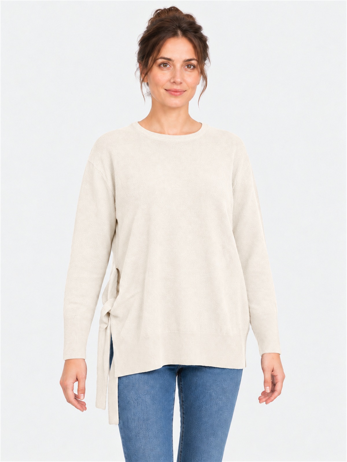 Wool Blend Sweater with Side Knot and Asymmetric Line