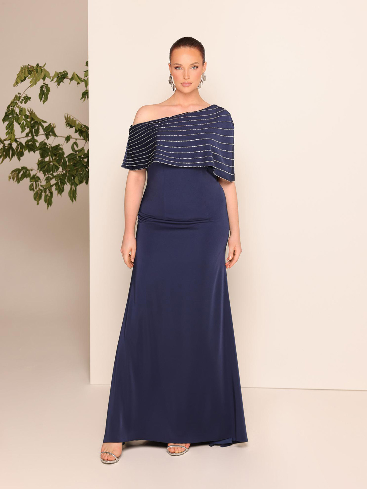 Curvy Mermaid Long Gown One-Shoulder with Detachable Cape 29724M