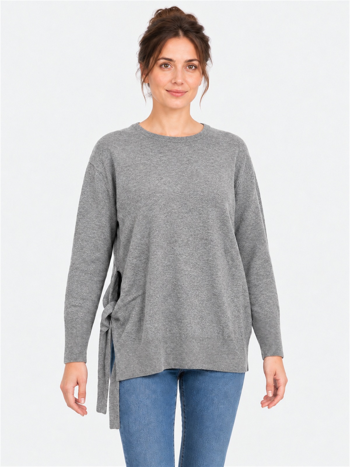 Wool Blend Sweater with Side Knot and Asymmetric Line