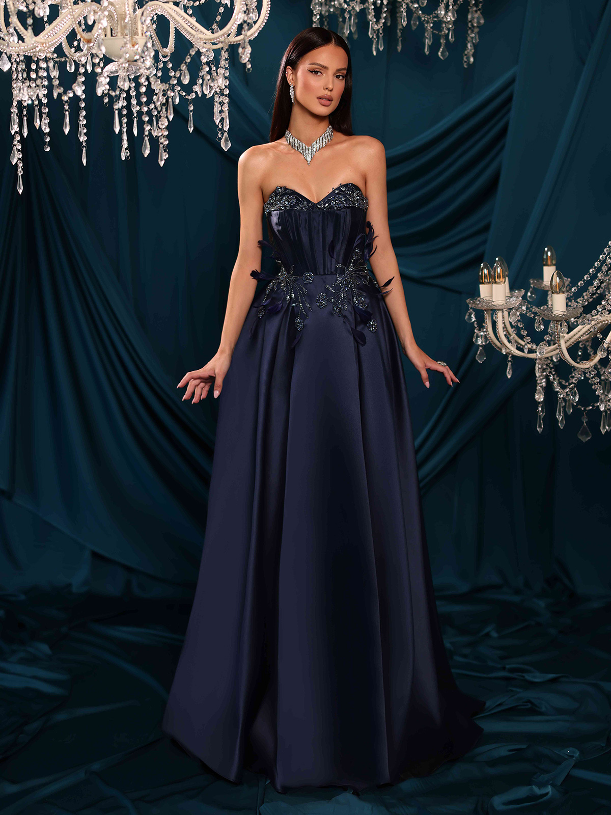 Long ceremony dress in mikado with structured bodice