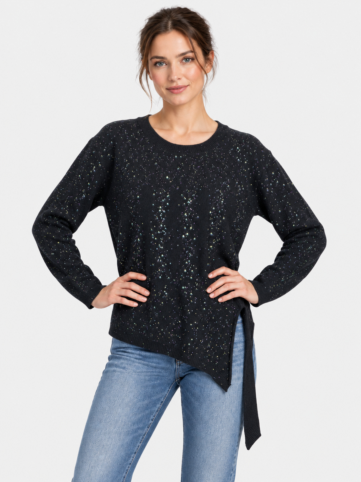 Maglia girocollo con micropaillettes e spacco laterale