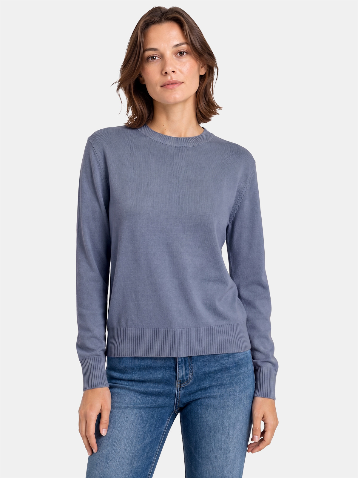 Women's Cotton Crewneck Sweater with Ribbed Finishes