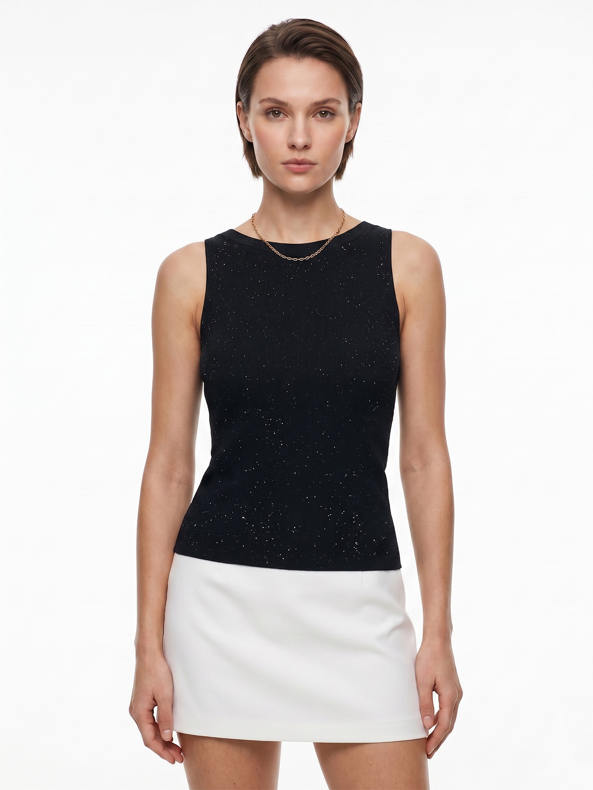 Glittery Tank Top with Boat Neck and Stretch Fabric