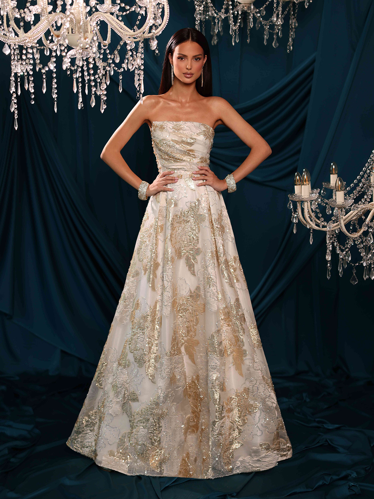 Long formal jacquard taffeta gown with crystals