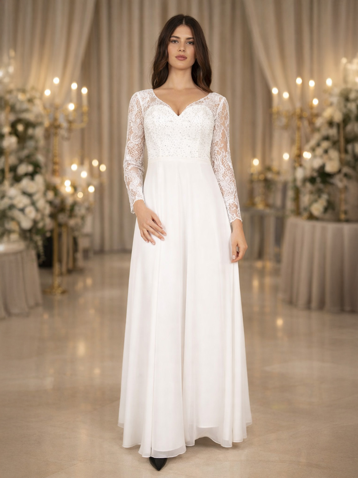 Abito da sposa lungo bianco in pizzo e strass A291099-4296-ANNITA-BIANCO