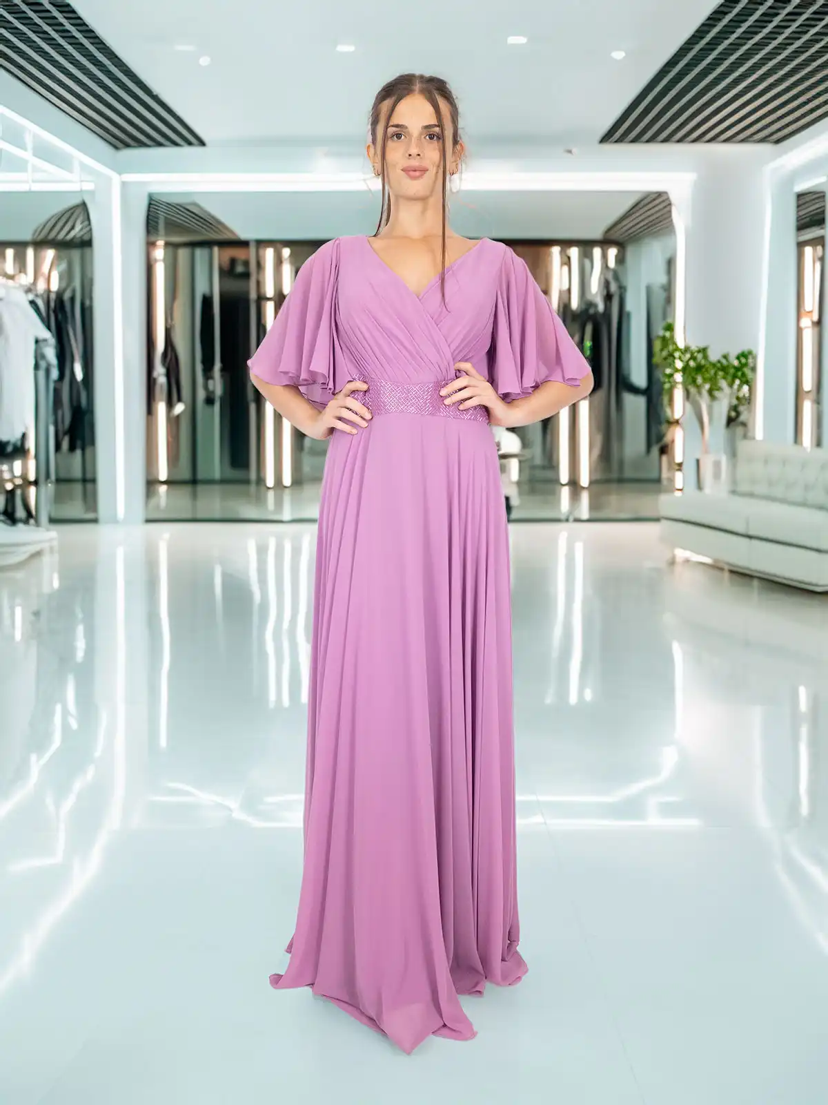 Abito da Cerimonia Curvy con Maniche Ampie e Scollo a V