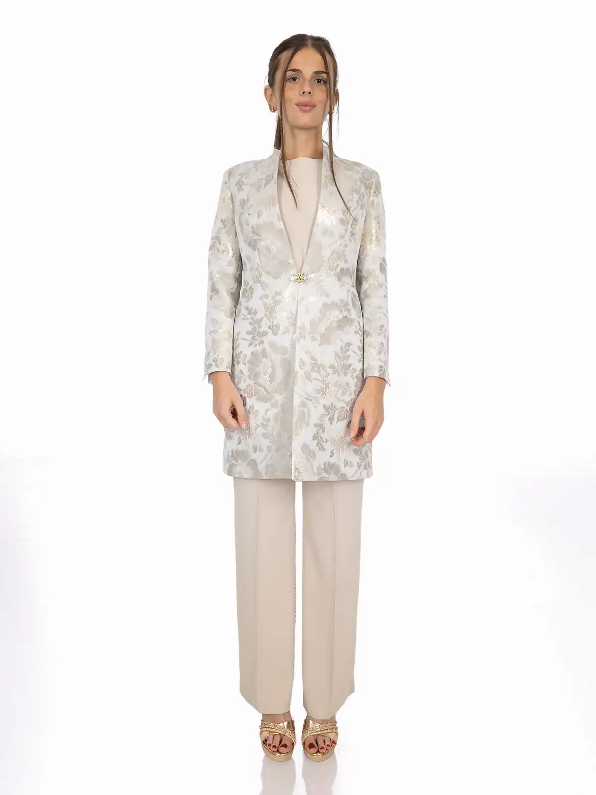 Completo 3 pezzi donna elegante con soprabito damascato