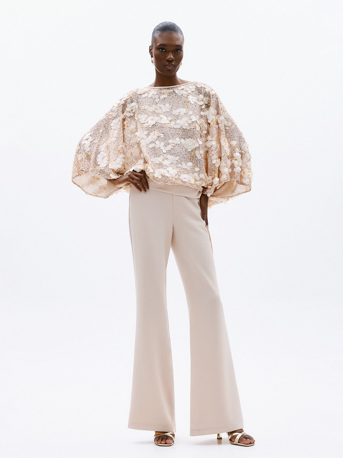 Completo Donna Blusa con Paillettes e Pantalone Flare in Cady
