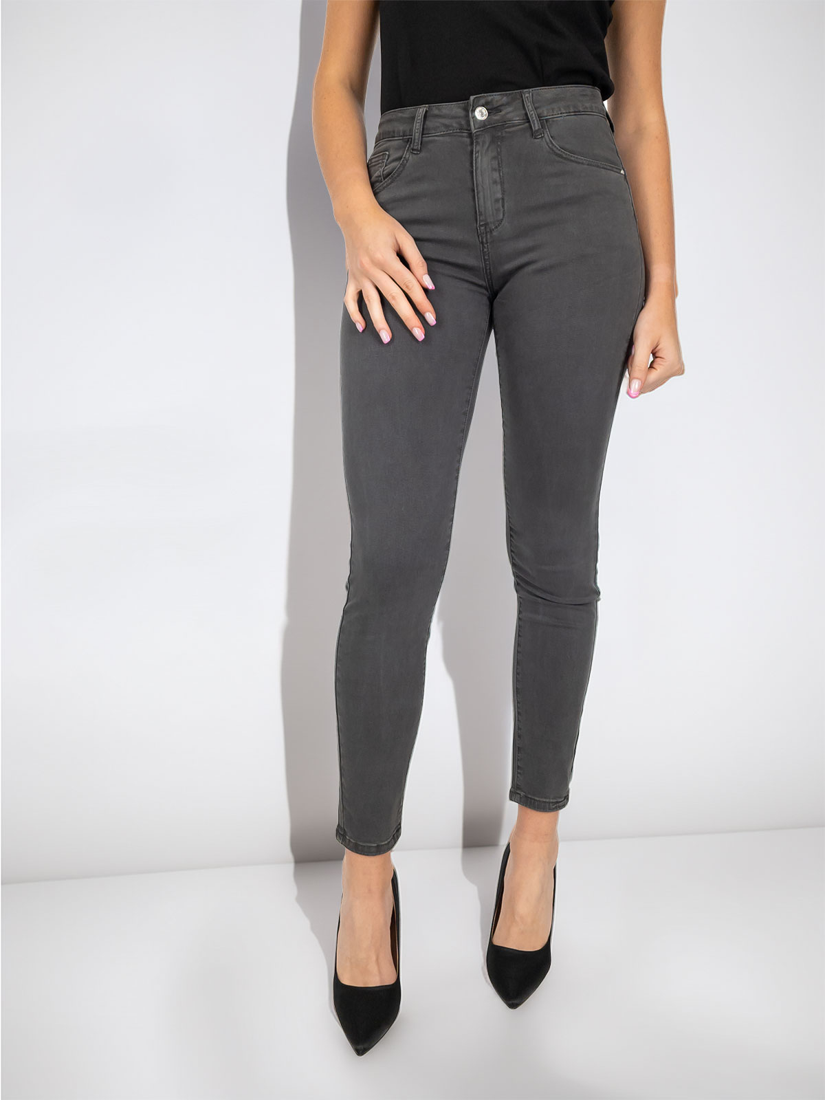 Jeans Leggings Donna Tasca Slim Elasticizzati – Pantaloni Denim Fitness Plus Size, Grigio, Taglia S (Vita: 56-76 Cm, Fianchi: 68-90 Cm, Lunghezza: 90 Cm)