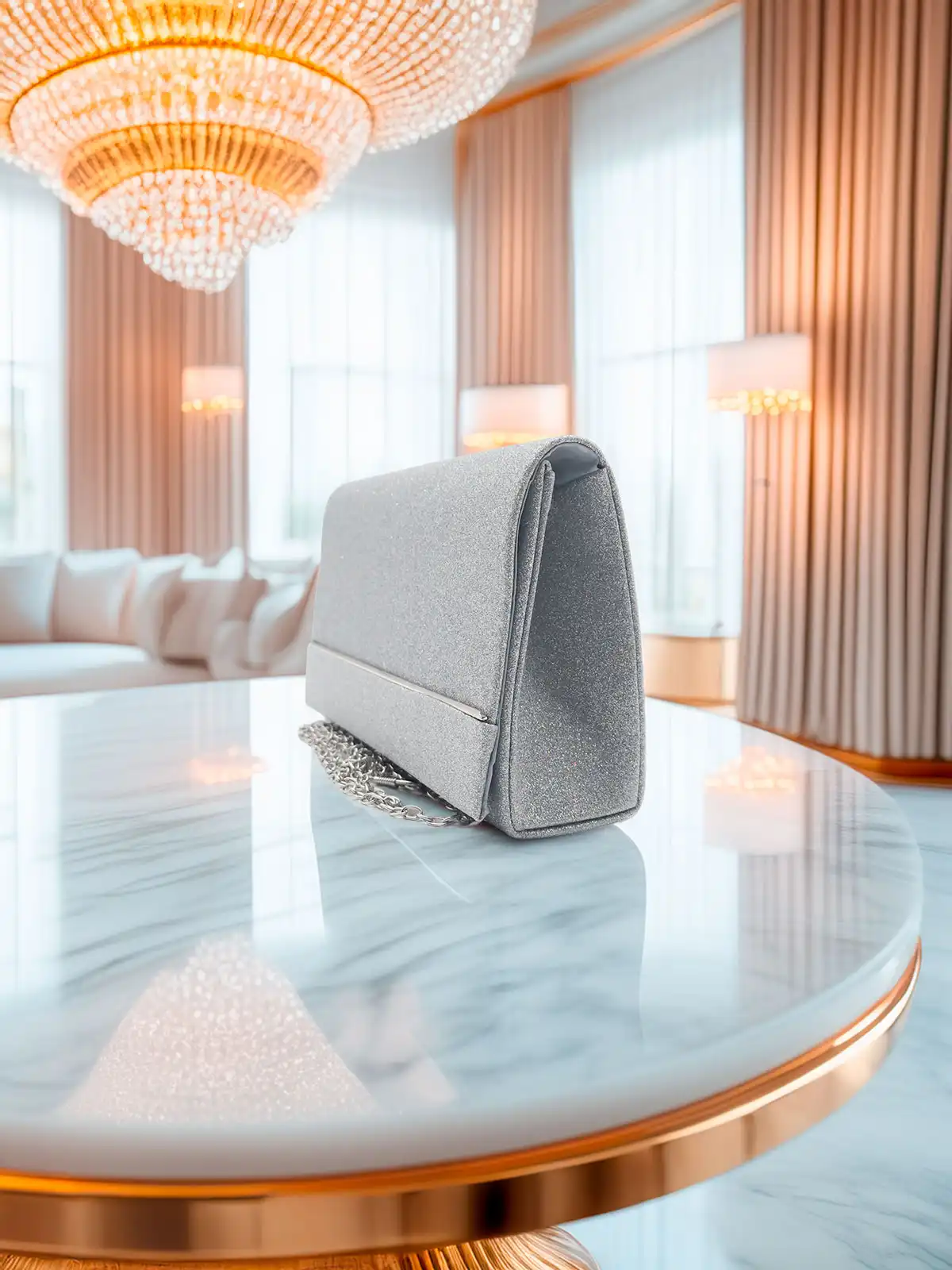 Silver Glittered Clutch Bag with Shoulder Strap – Elegant and Compact